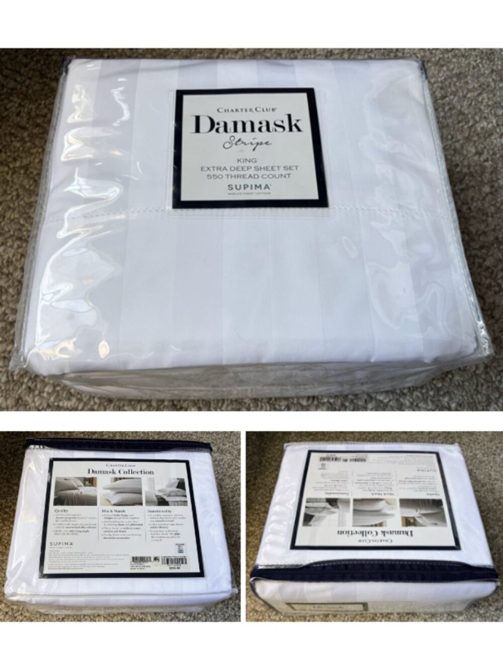 Charter Club Damask Stripe King Size Extra Deep Supima Cotton Sheet Set in White